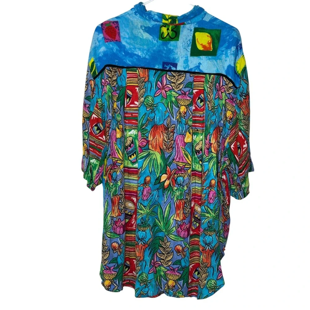 BOP Button Shirt 2X Blue Multi Caribbean Novelty Print Art to Wear Rayon Top - Picture 3 of 8